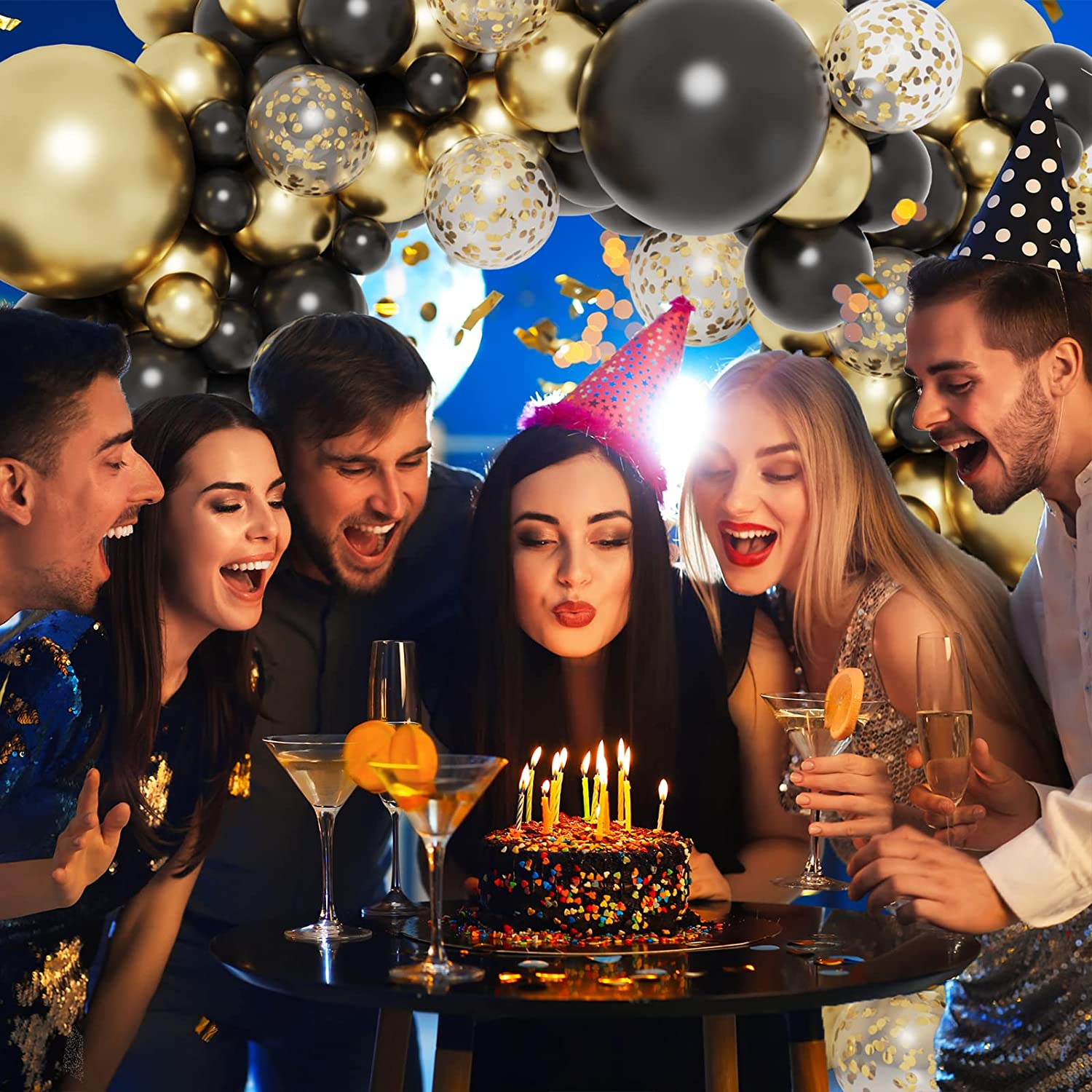 (130-tlg. Set) Party Deko Ballons Latex Luftballons mit Konfetti - Schwarz / Gold