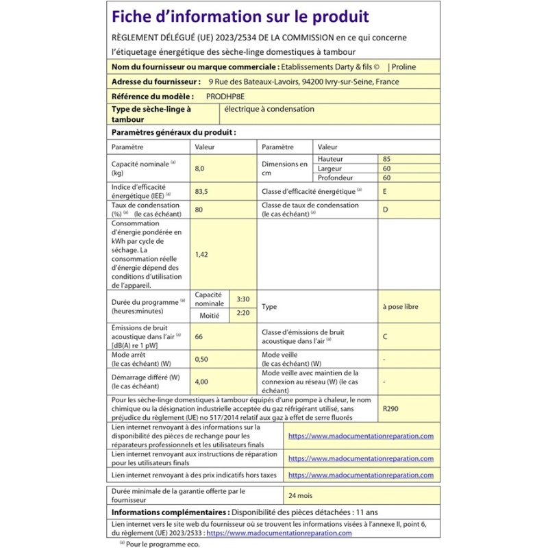 Sèche-linge pompe à chaleur Proline PRODHP8E