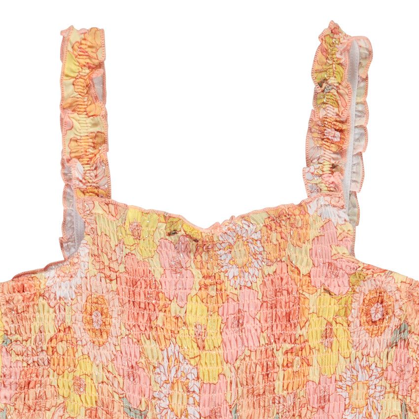 Combinaison longue à smocks imprimé fleurs retro pour fille - Jaune