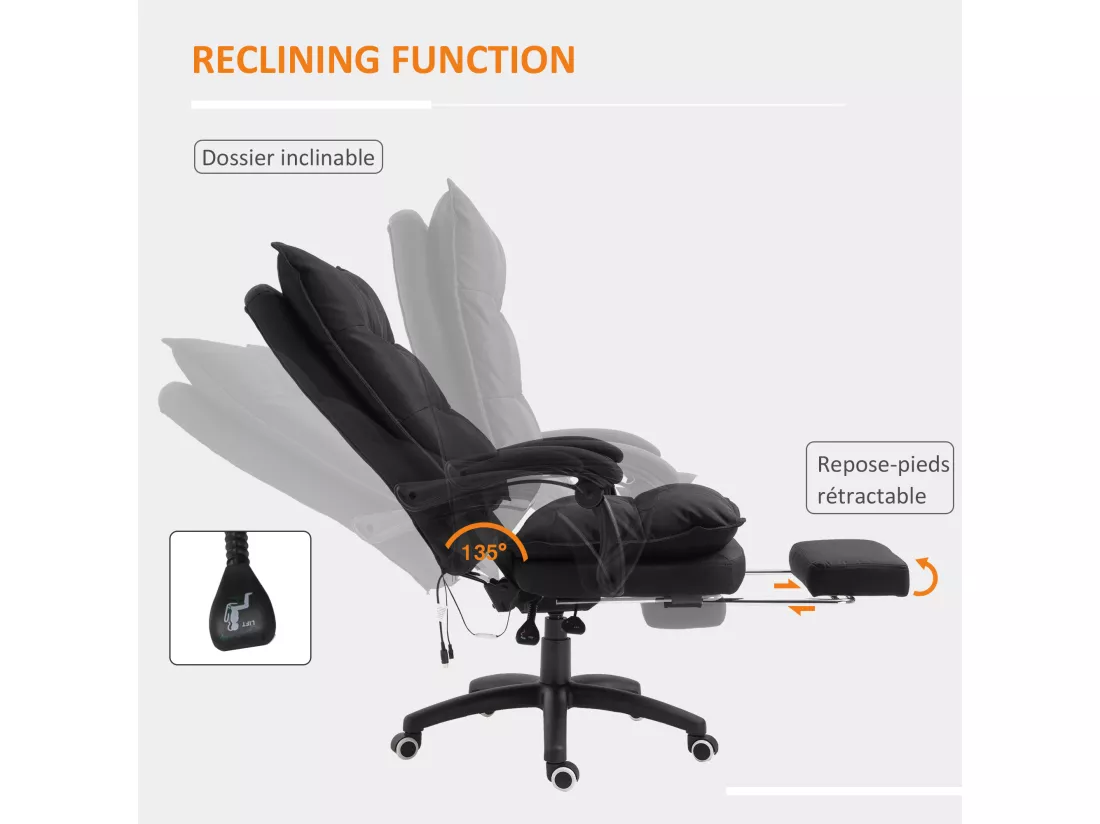 Fauteuil de bureau direction massant hauteur réglable dossier inclinable repose-pied intégré toile de lin noir
