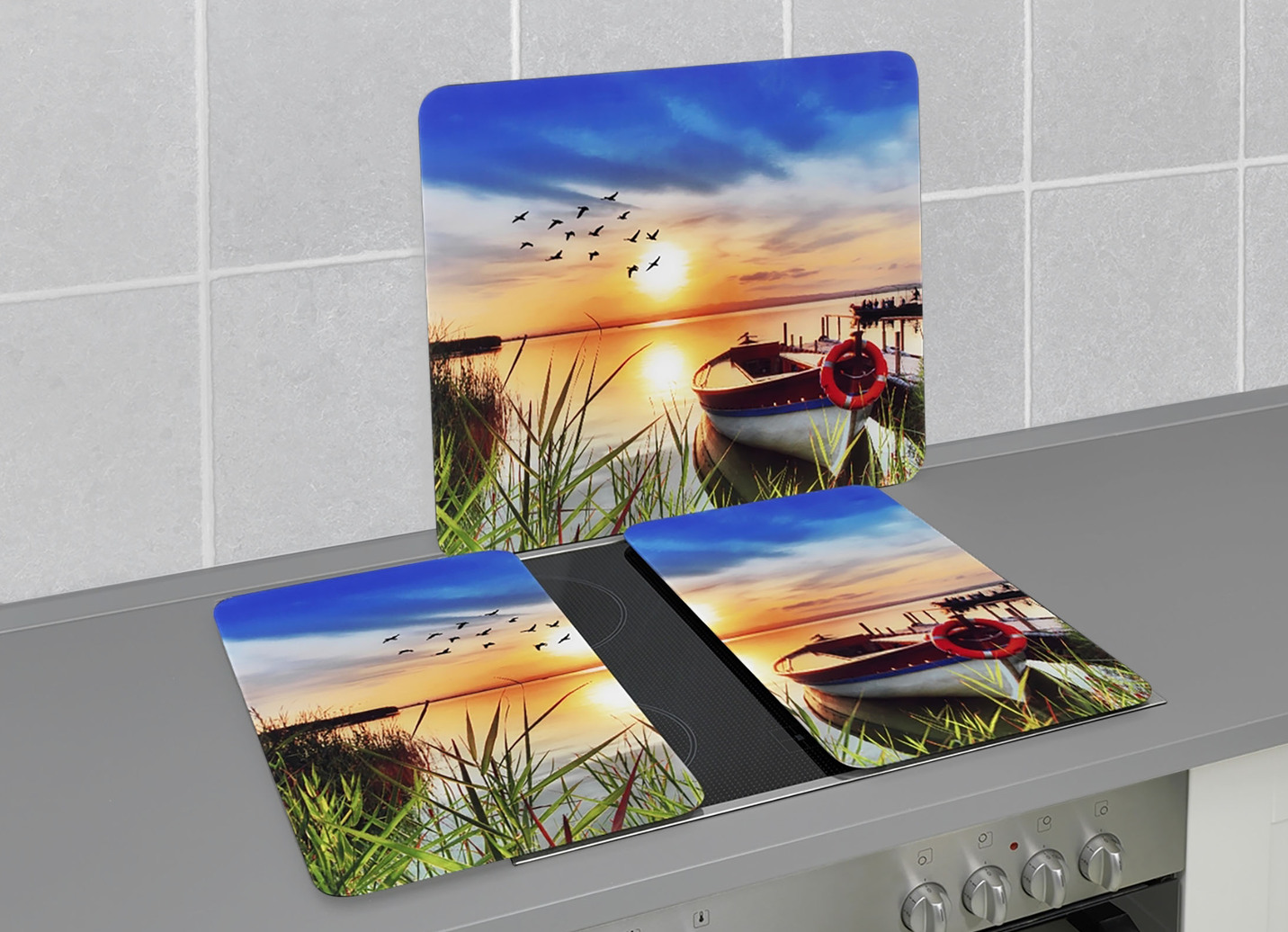 Herdabdeckplatten oder Wandblende aus Glas, Motiv Idylle am See