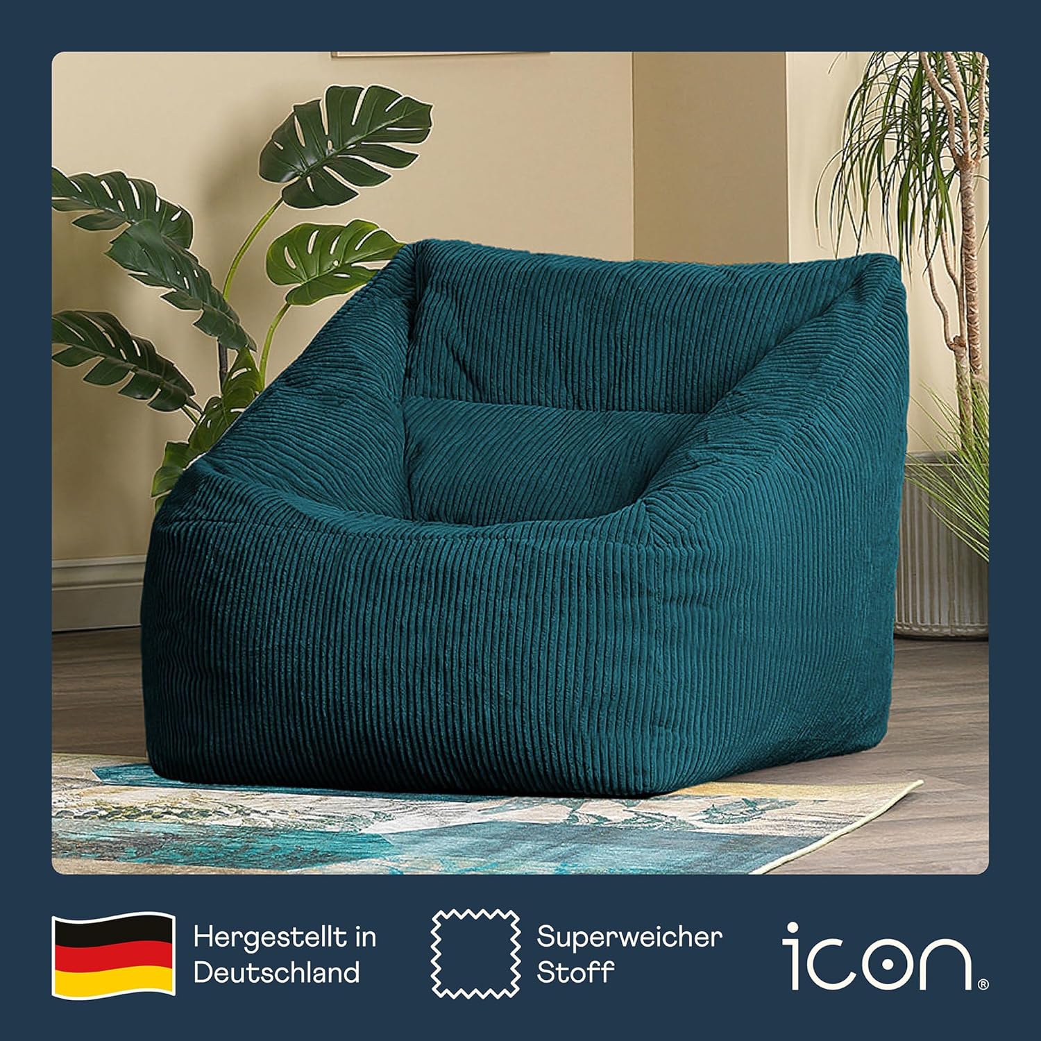 Icon Natalia Sitzsack Sessel für Erwachsene, Blaugrün, Flauschiger Cord Stoff, Riesen Sitzsack Cord mit Füllung, Bean Bag Chair, Bequemer Sessel Wohnzimmer, Lounge, Schlafzimmer, Büro