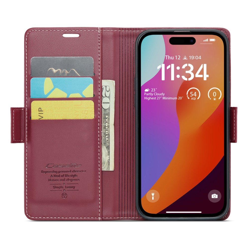 iPhone 16 Pro Max Leder Tasche Flip Wallet Etui mit Kartenfächern Litchi Look (RFID Schutz) - Dunkelrot