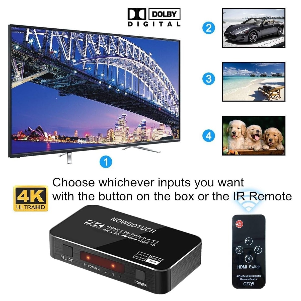 NÖRDIC HDMI Switch 4 til 1 4K60Hz