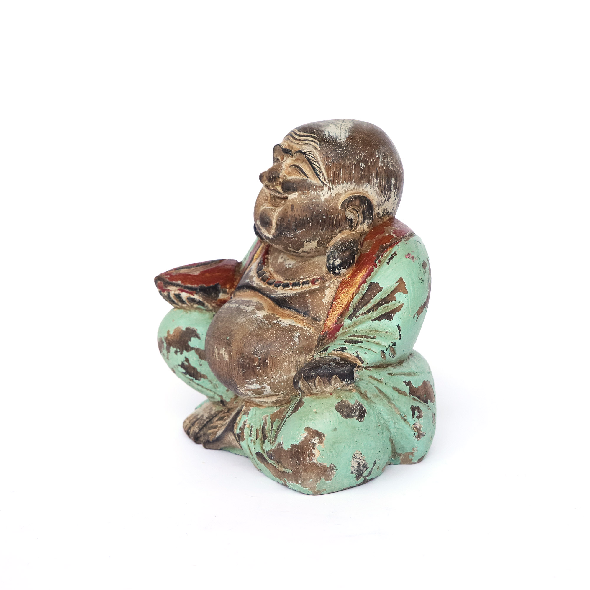 Holzfigur 'Happy Buddha', türkis, B 17 cm, H 17 cm, L 11 cm von fischer's lagerhaus