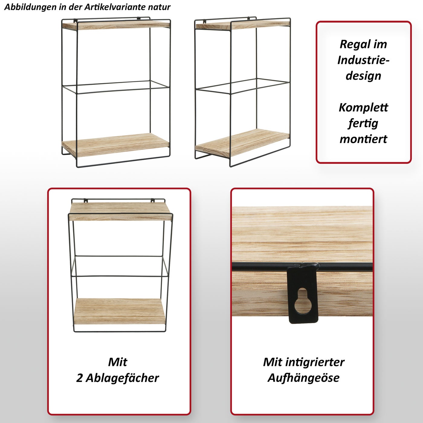 Wandregal MCW-K77, Hängeregal Regal Küchenregal, Massiv-Holz Metall Industrial 2 Regalböden 50x35x17cm ~ dunkelgrau