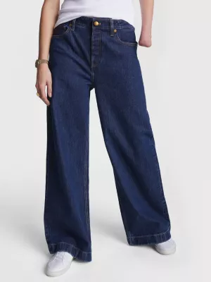 Calça jeans de perna larga e modelagem relaxada adaptável