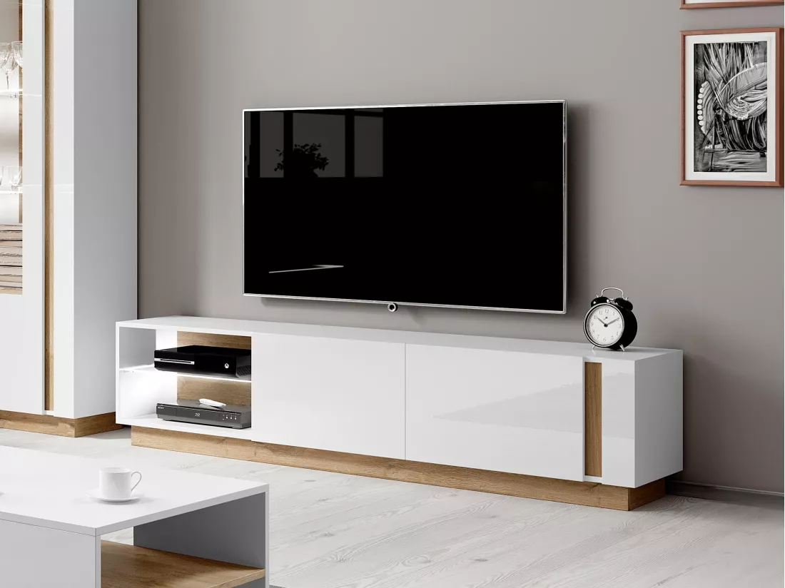 Meuble TV MURARI - 2 portes et 2 niches - Avec LEDs - Blanc brillant et chêne