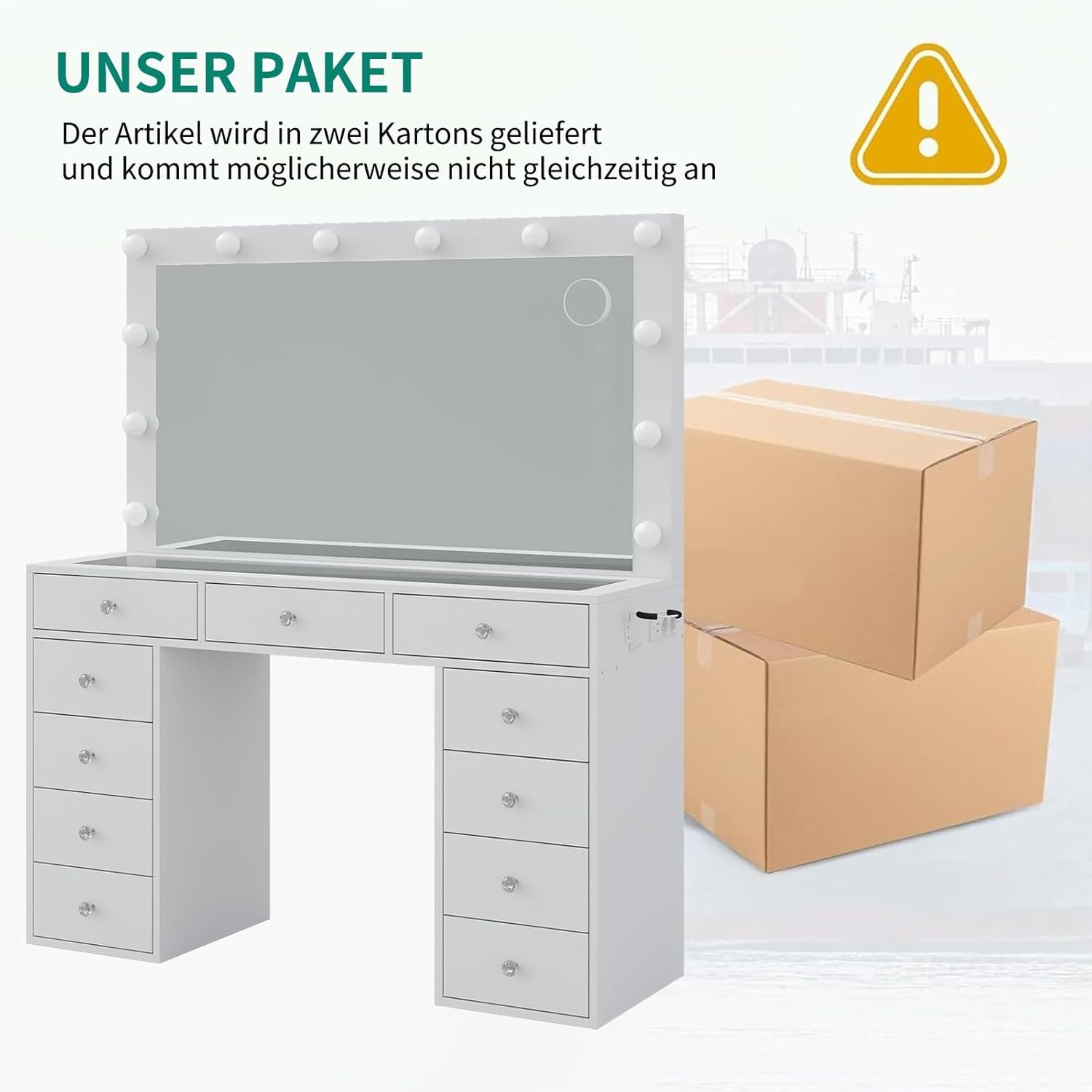 Schminktisch mit Beleuchtung und Spiegel, 11 Schubladen, Glasplatte, 12 LED-Lampen, 3 Lichtmodi, Schminktisch mit Hocker & Steckdose, Make-up Tisch für Schlafzimmer & Ankleidezimmer