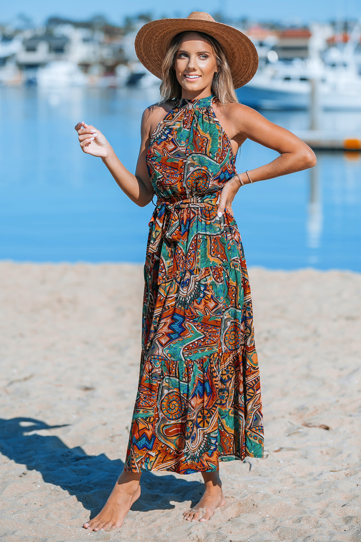 Robe maxi à col licou boho abstraite