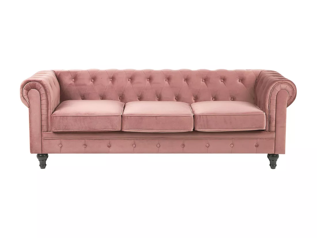 Ensemble canapé et fauteuil en velours rose 4 places CHESTERFIELD
