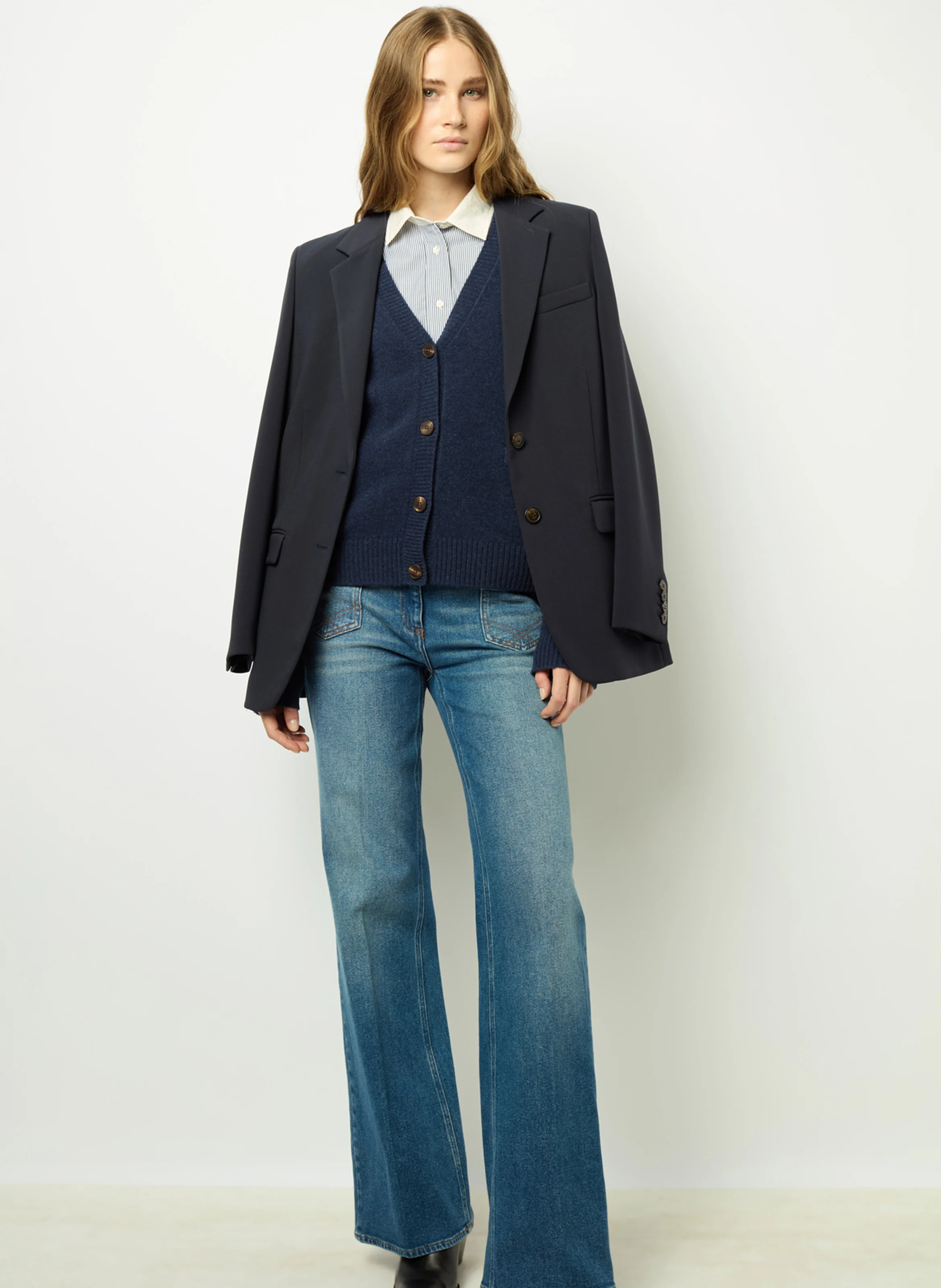 JEANETTE - Gilet col V en laine mélangée | Bleu