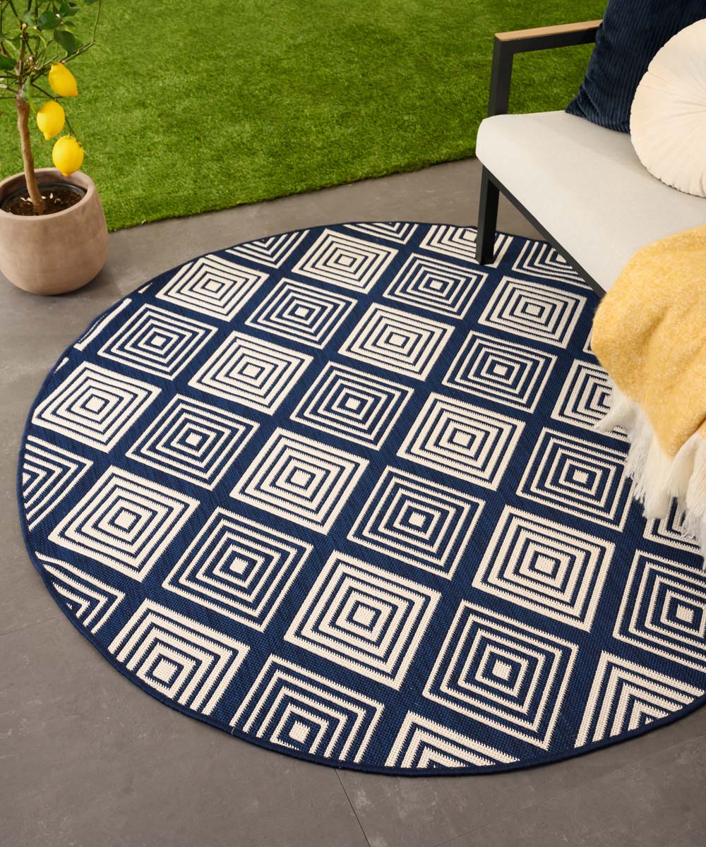 Tapeso Rond Buitenkleed ruit - Flip Gem donkerblauw - 200 cm