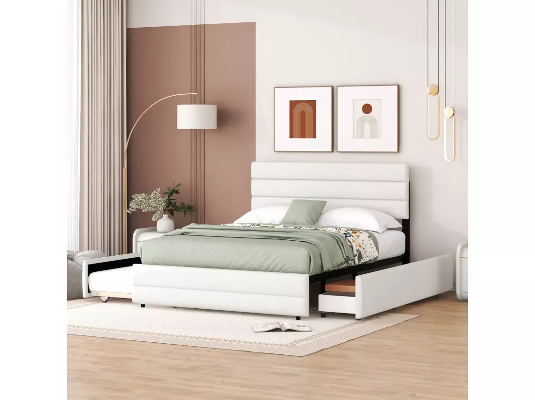 Lit gigogne pour adulte et enfant 140 x 200cm & 90 x 190cm - Lit plate-forme extensible avec 2 tiroirs avec sommier à lattes et tête de lit - blanc