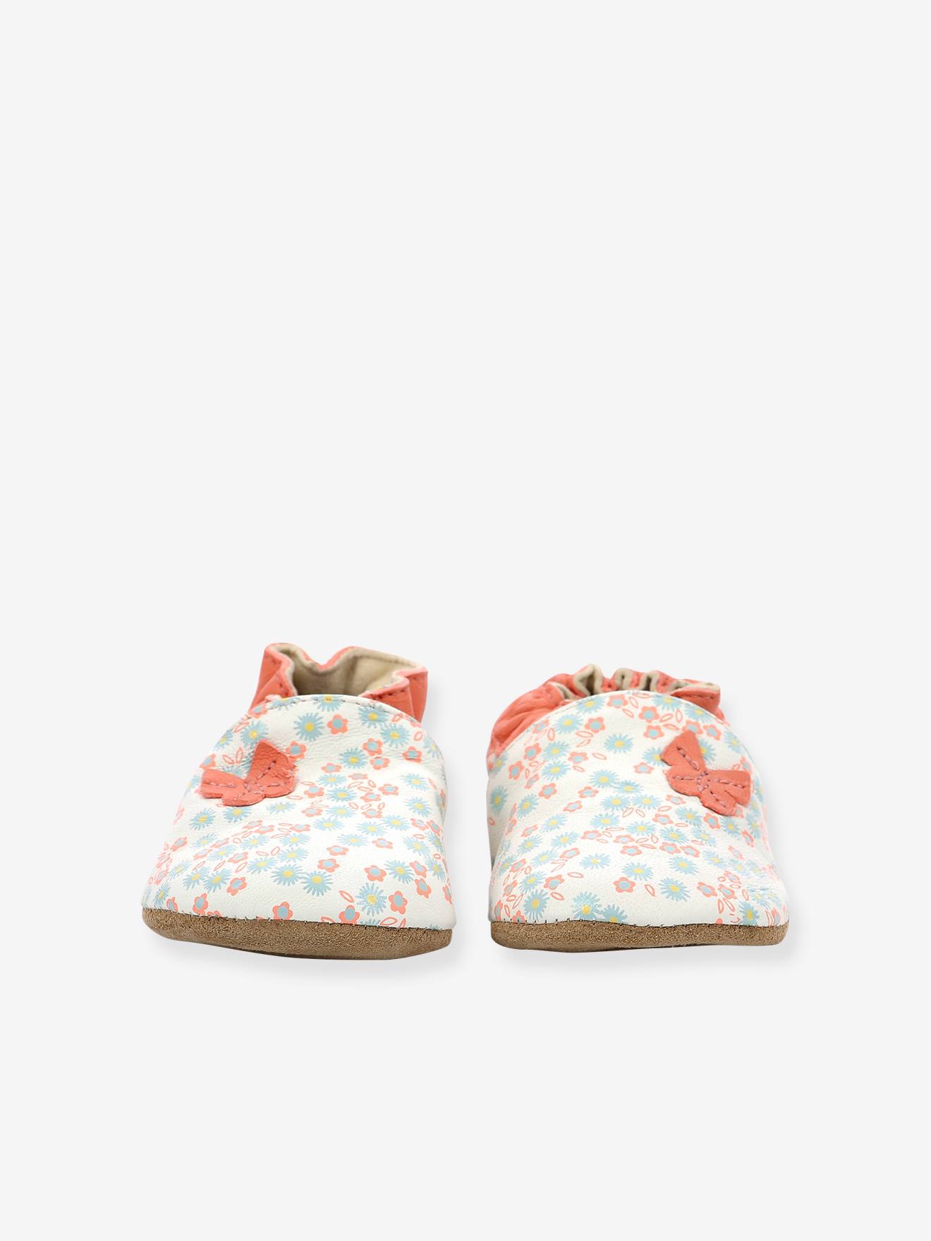 ROBEEZ© Pantufas de Bebê em Couro Flexível com Estampa de Margaridas Brancas para o Verão