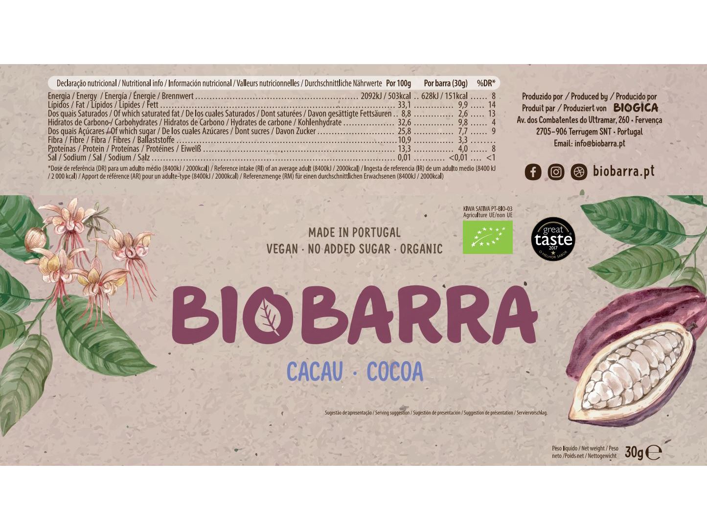 BARRA ENERGÉTICA BIOBARRA S/ GLÚTEN CACAU BIO (L) 30G