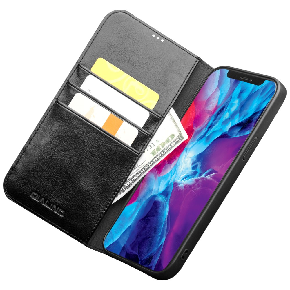 iPhone 13 Pro Echtleder Tasche Flip Cover mit Kartenfächer - Schwarz