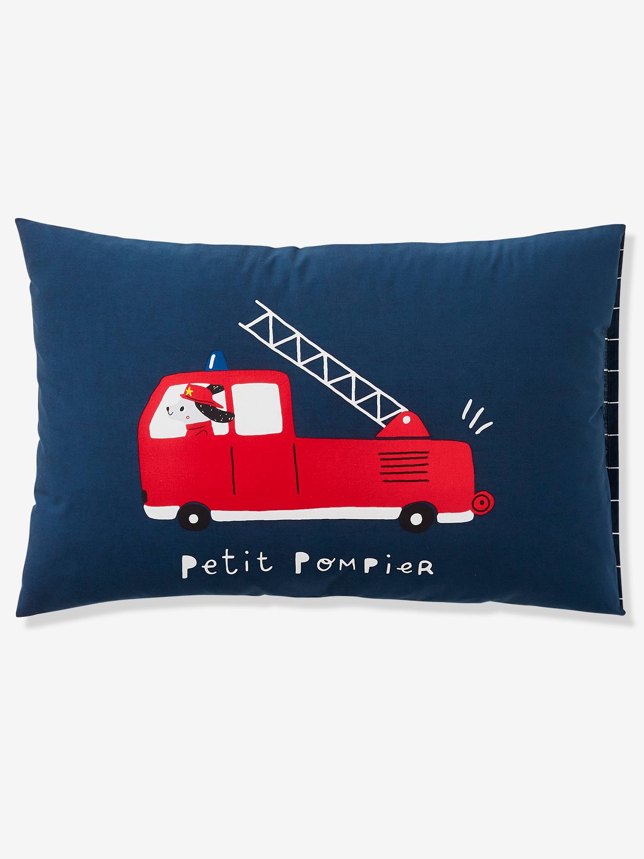 Conjunto infantil Petit Pompier com capa de edredom e fronha em azul escuro liso com motivos.