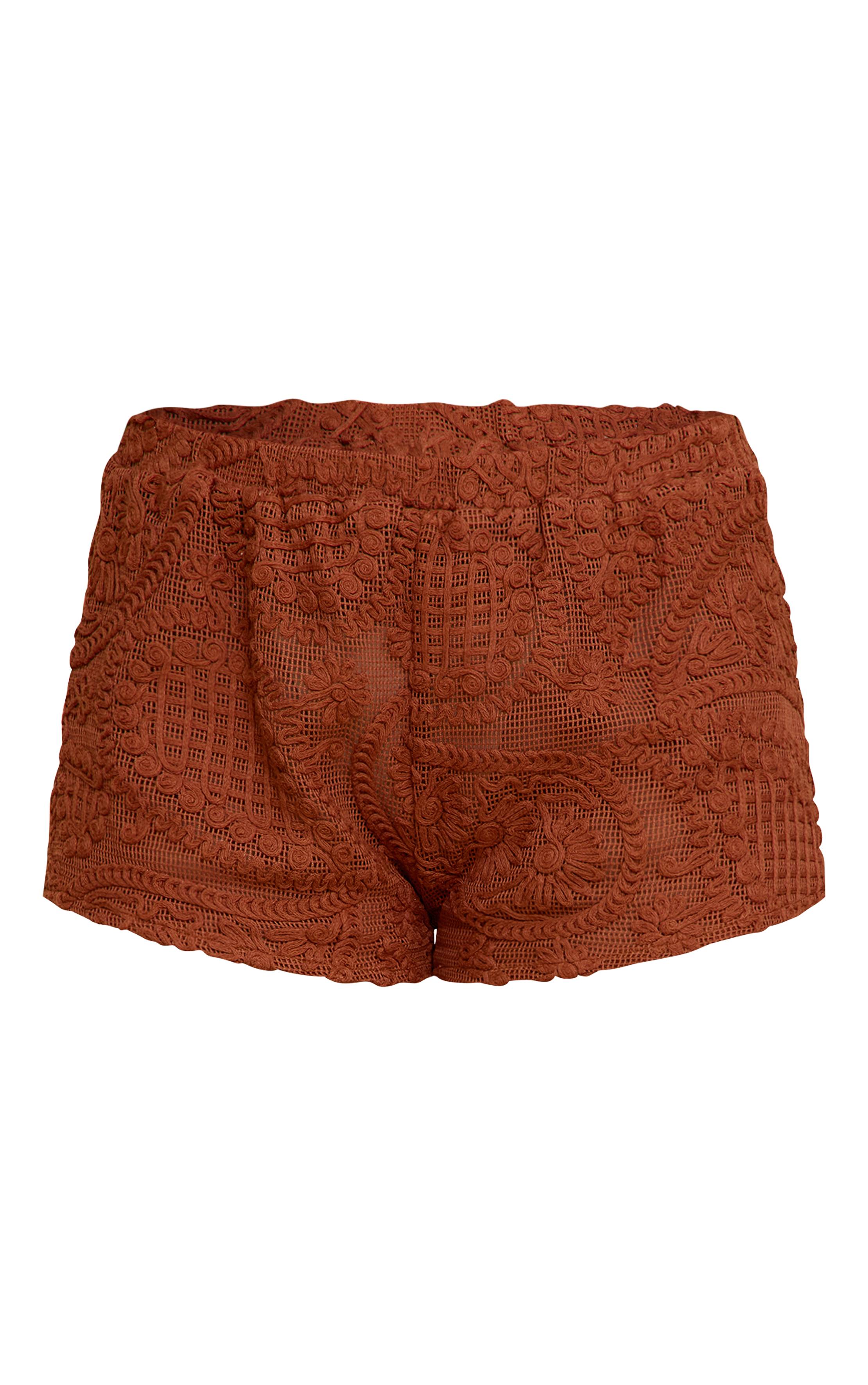 Orange Brûlé Short Mini Taille Mi-haute Brodé Texturé