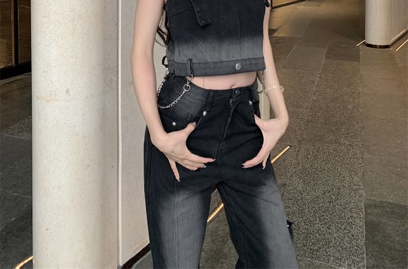 Porstina - Tanktop met vierkante hals, gradiënt gewassen gespen en ketting, denim cropped / High Waist Flared Jeans