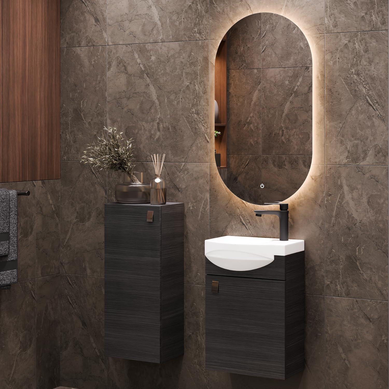 Planetmöbel Badmöbel Set Waschtisch mit Unterschrank 40 x 60 x 29 cm mit Waschtischarmatur schwarz für Badezimmer, Gäste WC & Bad, Anthrazit
