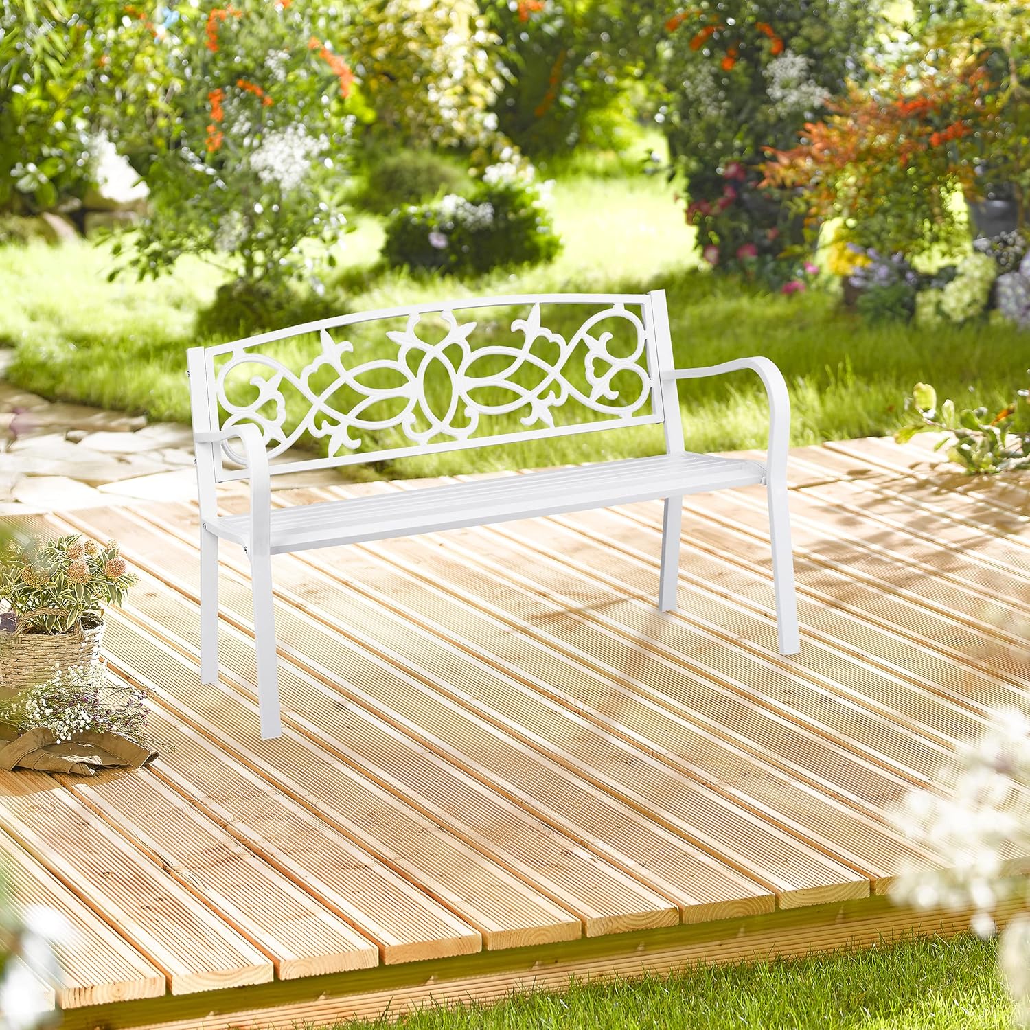 Relaxdays Gartenbank, nostalgisch, 2 Sitzer, wetterfest, Gusseisen & Stahl, Premium Sitzbank, HBT: 78x124,5x58 cm, weiß