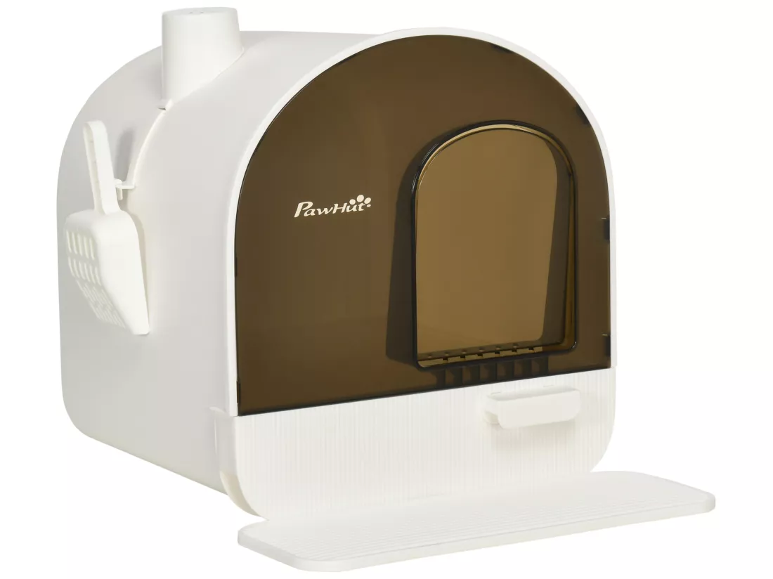 Maison de toilette bac à litière pour chat avec porte battante, pelle et filtre inclus dim. 43L x 44l x 47H cm PP blanc marron fumé