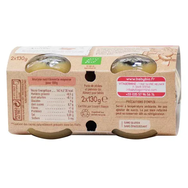 Babybio Frutas em Pote Pêssego e Maçã Orgânico +4 meses 2 x 130g