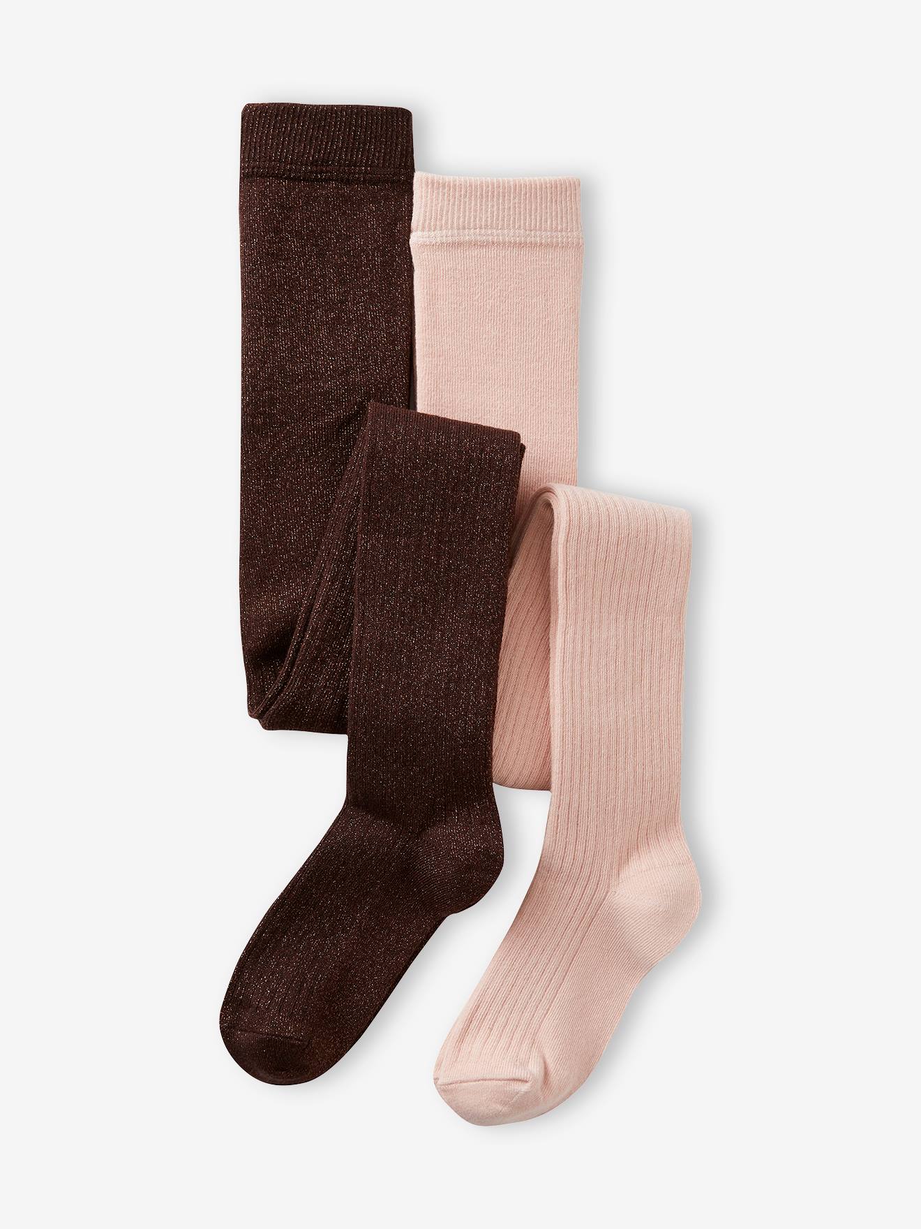 Conjunto de 2 pares de meias-calças caneladas para meninas, marrom acinzentado