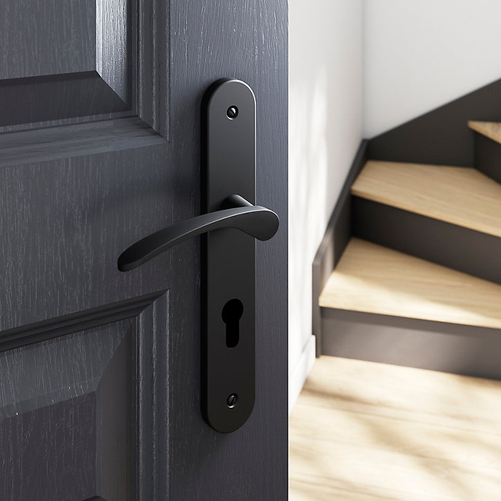 Ensemble poignée sur plaque rondcylindre GoodHome Beare effet nickel mat noir L.110.5mm x l.40mm entraxe 195mm