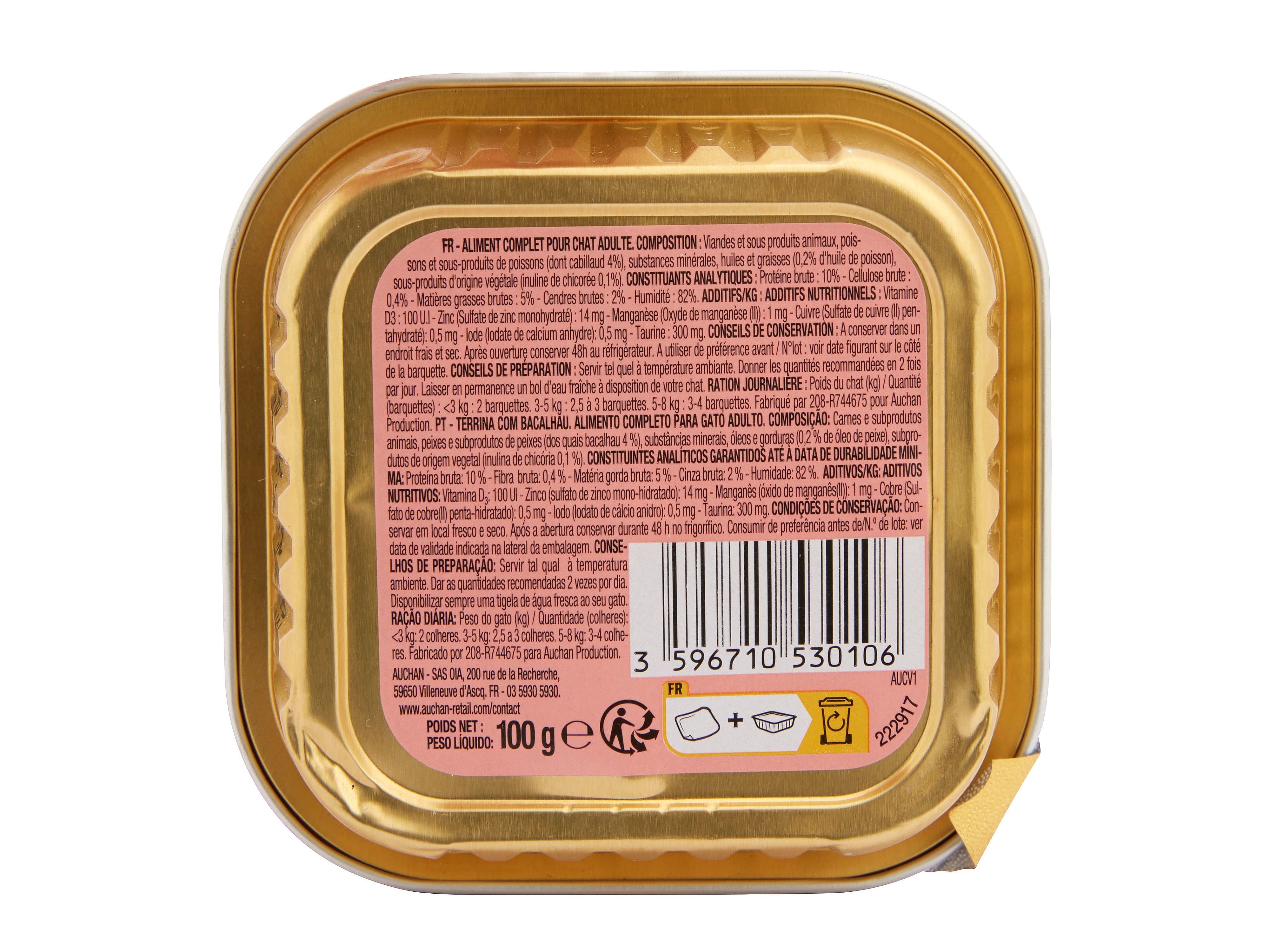 COMIDA HÚMIDA PARA GATO AUCHAN TERRINA BACALHAU 100G