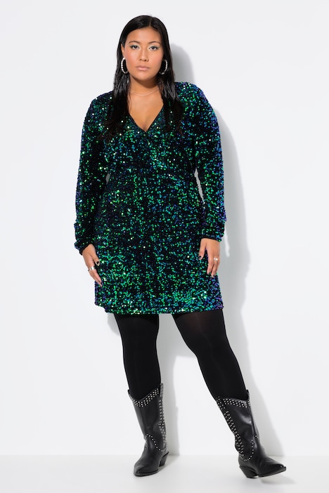 Kleid, Wickeloptik, Pailletten, V-Ausschnitt, Langarm