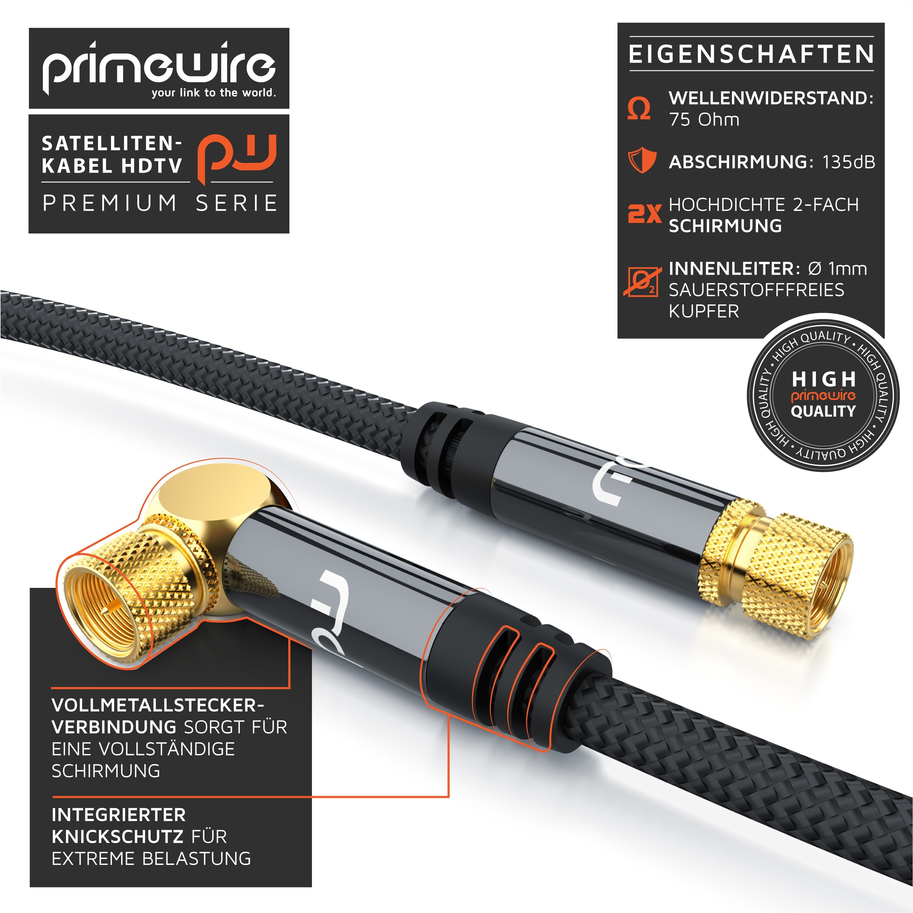 Primewire HDTV Satellitenkabel gewinkelt mit Braiding - 135Db - 75 Ohm - Stoffummantelung - 12,5 m