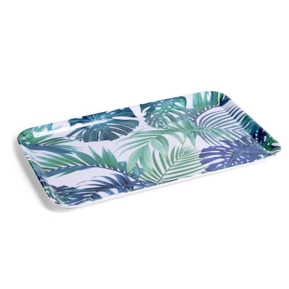 Plateau rectangulaire mélaminé feuillage exotique blanc et bleu 19x30cm