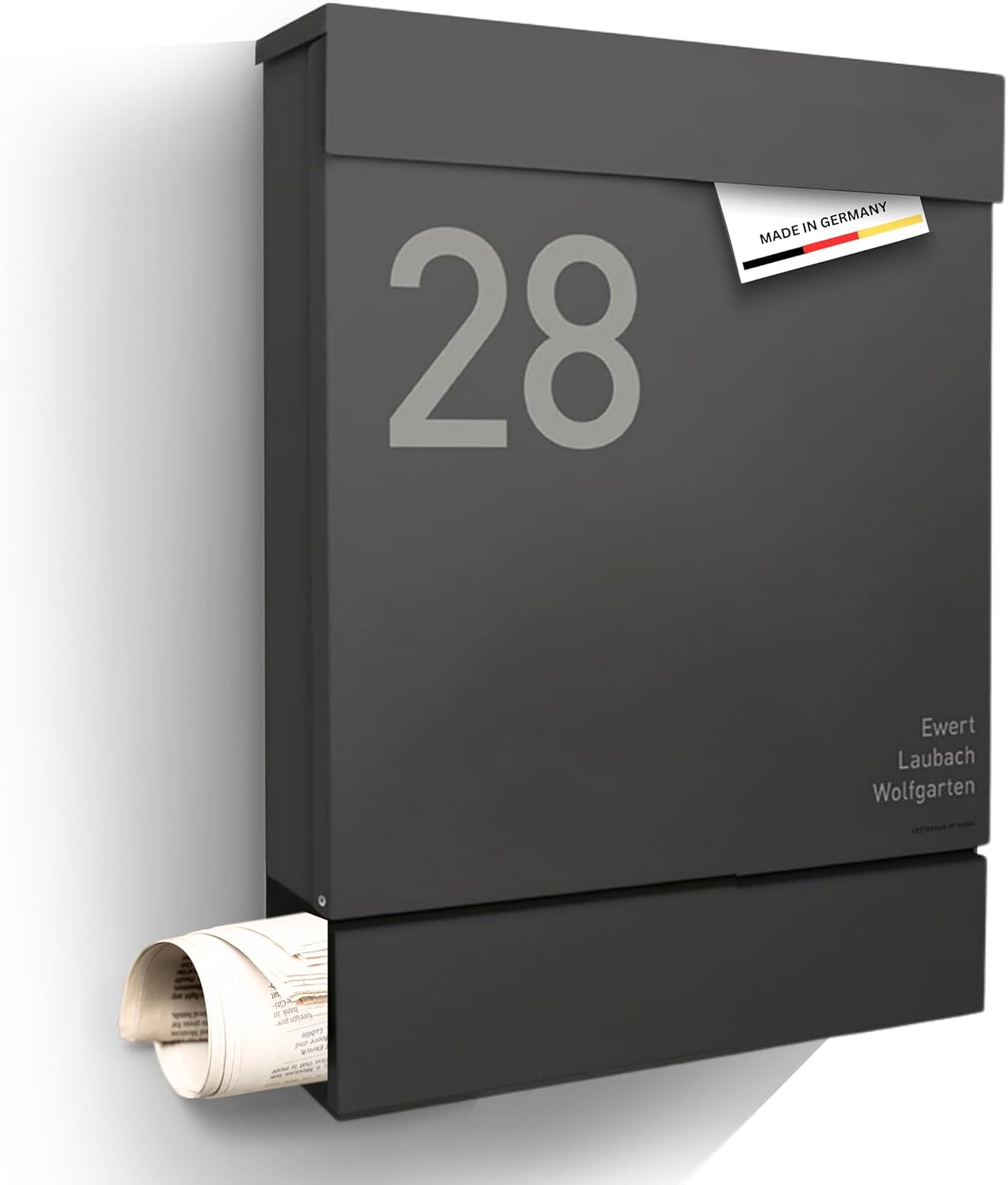 Radius Designer Briefkasten - personalisiert mit Lasergravur - 10 Jahre Funktions- und Korrosionsgarantie - Postkasten inkl. Montagematerial – Letterman M Anthrazit
