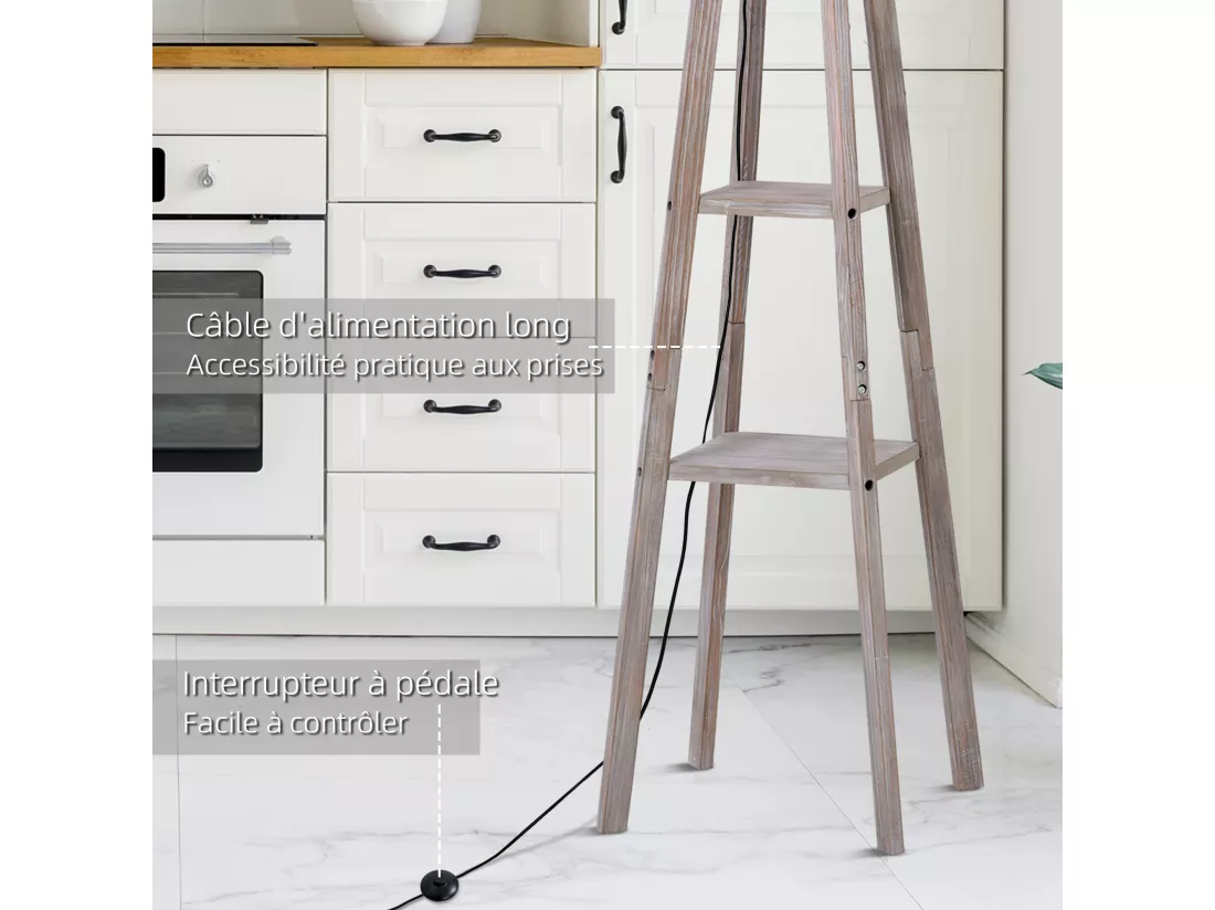 Lampadaire design contemporain 2 étagères intégrées 60 W max. dim. 53L x 53l x 148H cm pin lin gris