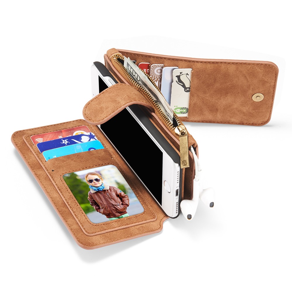 iPhone SE (2022/2020) / 8 / 7 3in1 Leder Tasche   Magnet Hardcase und Karten Etui (Vertikal Ausklappbar) - Hellbraun