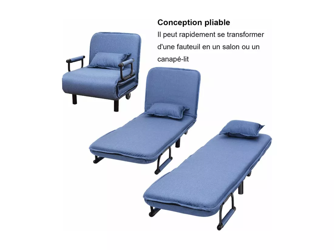 Fauteuil Convertible 3 en 1 avec Accoudoirs, Siège Confortable, Coussin et Oreiller Rembourré par des éponges de Haute Qualité, Dossier Réglable, Roue de Déplacements avec Frein (Bleu)