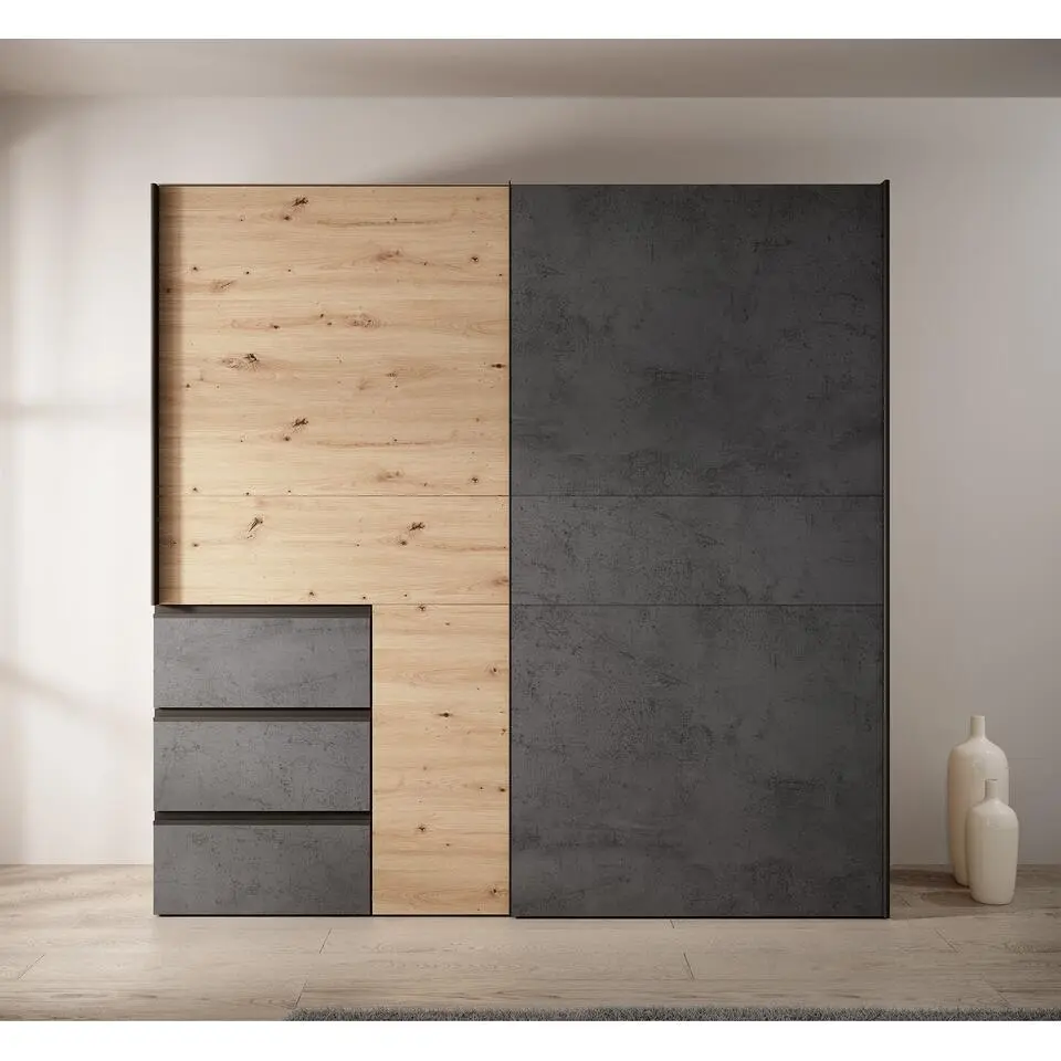 Meubella - Kledingkast Walter - Eiken - Grijs - 200 cm