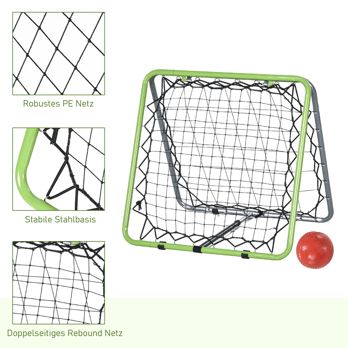 HOMCOM Voetbal Rebounder, Kickback Goal, Dubbelzijdige Rebound, Verstelbaar in 5 Niveaus, 75 x 75 x 64 cm, Metaal, Groen+Zwart