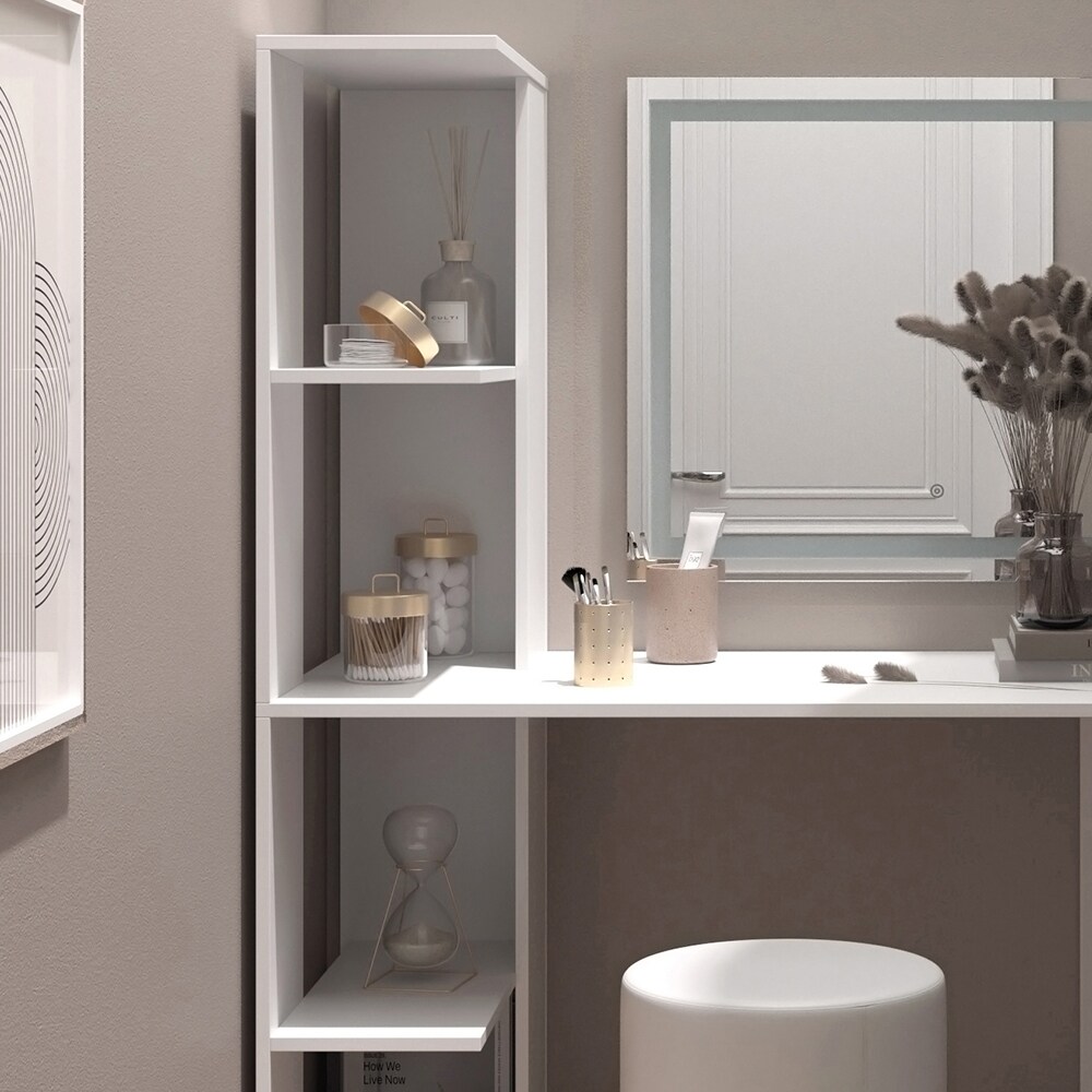 Vicco Schminktisch Tower Weiß 122 x 55 cm mit LED-Spiegel und Hocker