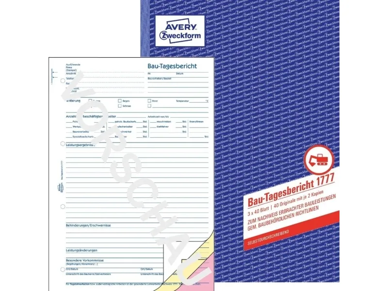 Avery Zweckform - Byggers dagbog - 40 ark - A4 - triplikat - karbonfri