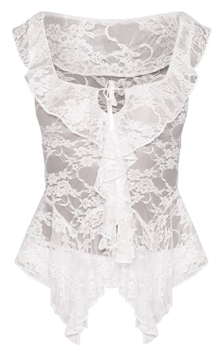 Blanc Haut Long En Dentelle Transparente À Volants Drapés