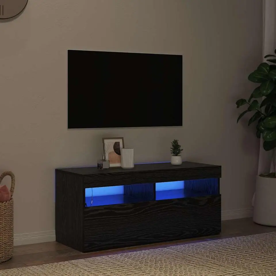 vidaXL - LED TV-meubel met deur - Zwart eiken - Hout - 90x35x40 cm