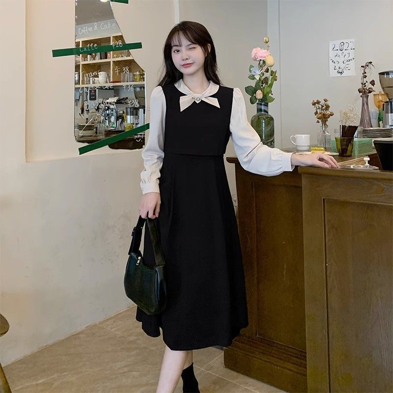 Cossita - Mock Two-Piece Long-Mouw Two Tone Bow Midi A-Line Jurk