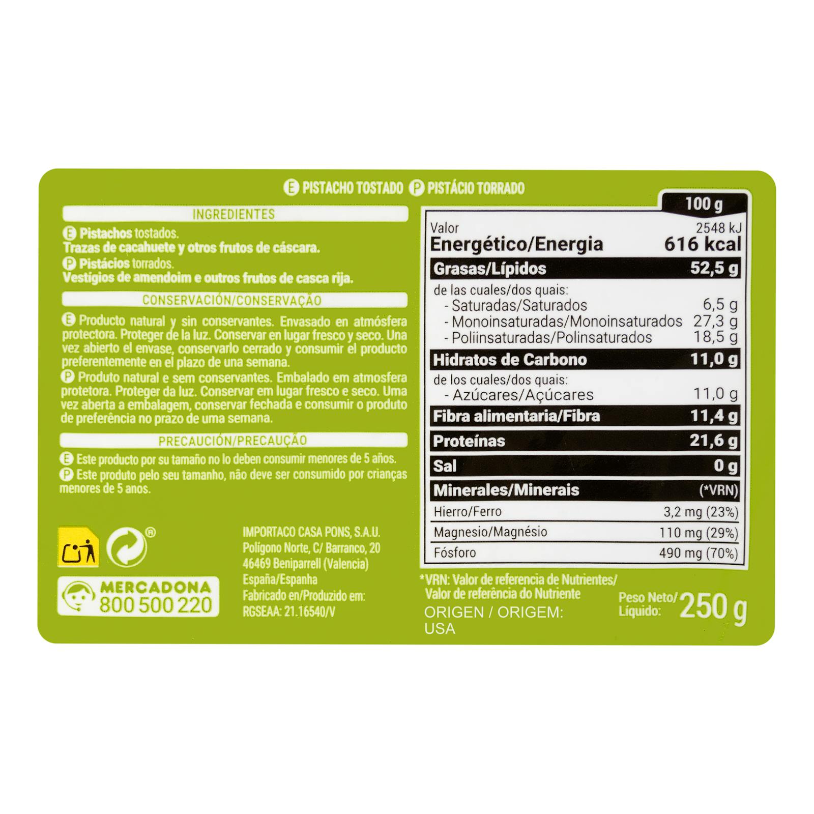 Pistaches grillées Hacendado 0% sel ajouté