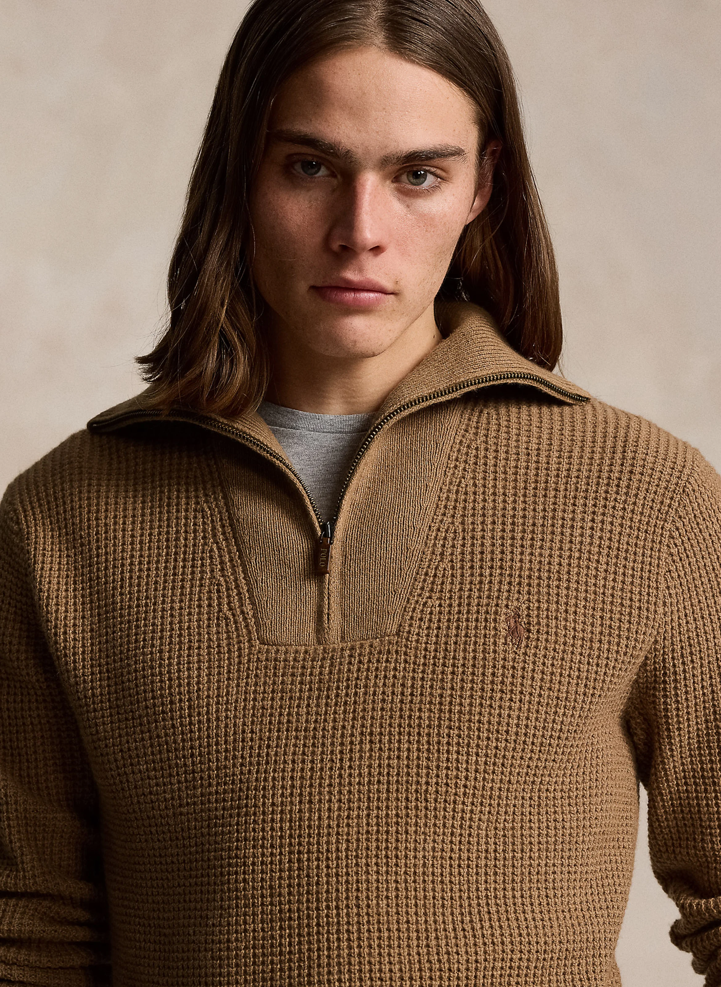 Pull droit col cheminé en laine et coton mélangé | Marron