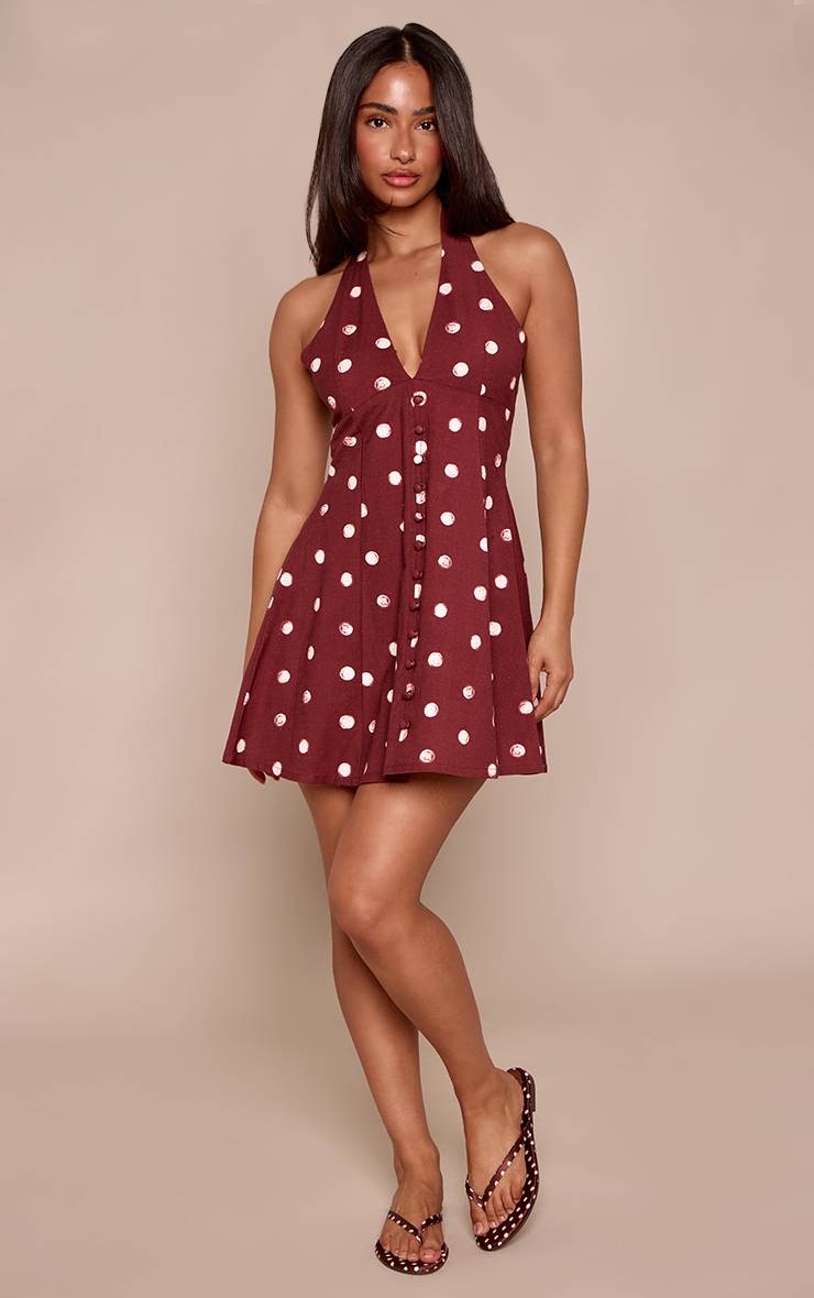 Chocolat Robe Courte Fluide Petite À Pois Avec Encolure Licou Et Boutonnage Aspect Lin