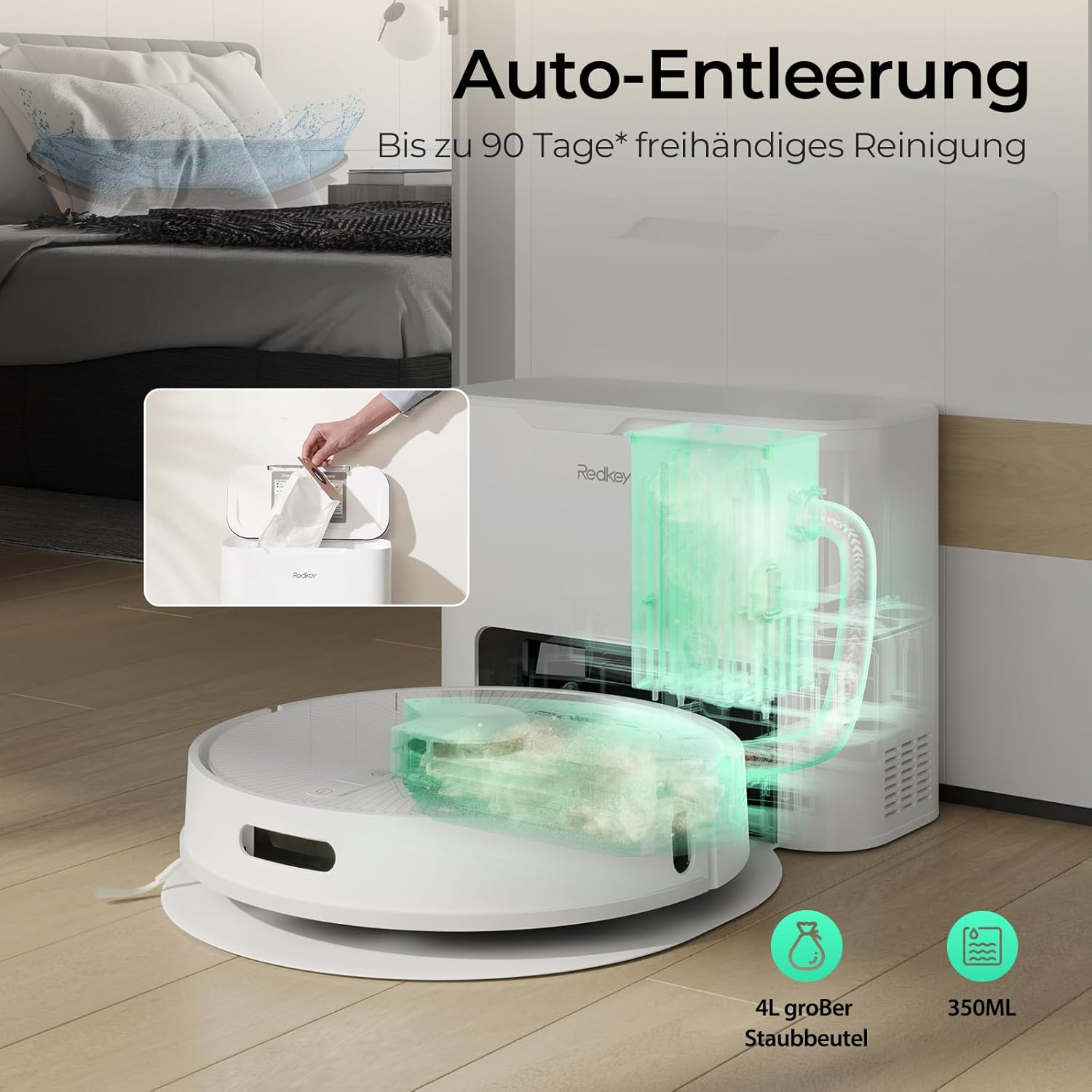 Redkey R10 Saugroboter 2-in-1 mit Absaugstation und Wischfunktion, LiDAR-Navigation, Starke 4000Pa Saugkraft, 4 L Staubbeutel, 90 Tage freihändige Reinigung, ideal für Tierhaare, App