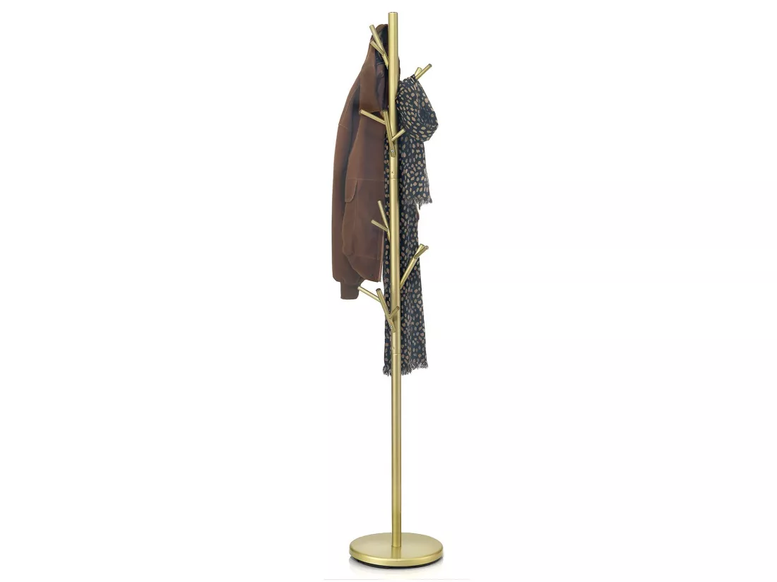 Porte-manteaux ZENO portant à vêtements sur pied en forme d'arbre avec 6 crochets sur différentes hauteurs, en métal laqué doré